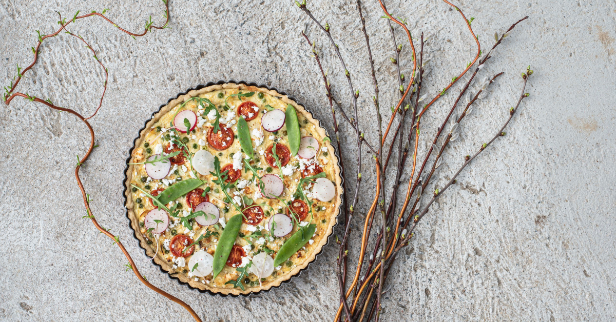 Spelt quiche with peas and feta