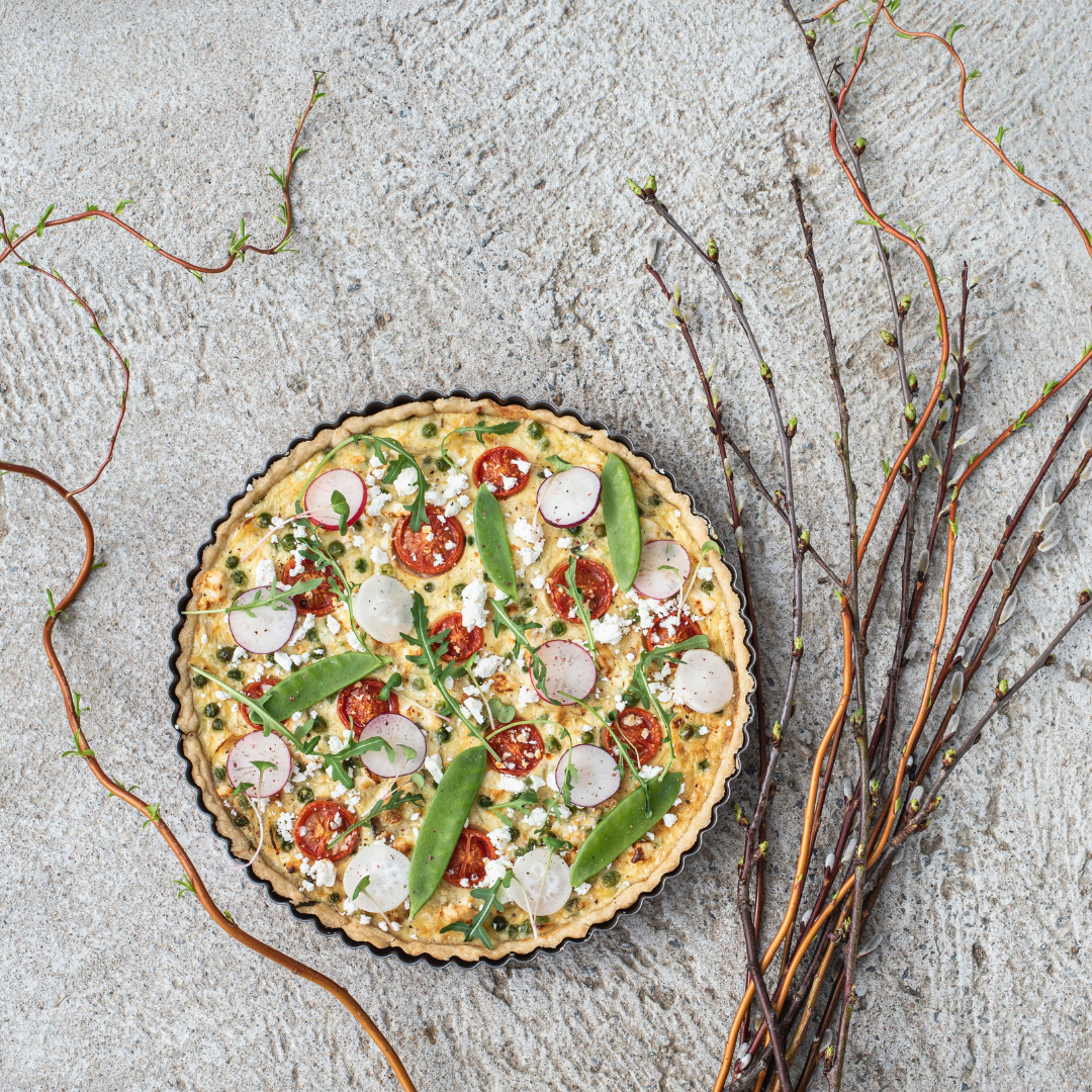 Spelt quiche with peas and feta 